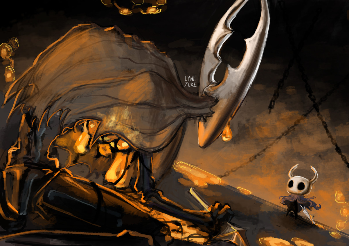 2_horns ambiguous_gender biped black_body black_eyes bodily_fluids chain cloak clothing duo empty_eyes fingers holding_melee_weapon holding_object holding_weapon horn kneeling looking_at_another melee_weapon nail_(weapon) on_ground text weapon white_text lynezuke hollow_knight_(franchise) team_cherry hollow_knight_(character) the_knight_(hollow_knight) infected_(species) vessel_(species) 2024 absurd_res english_text hi_res signature sibling_(lore)