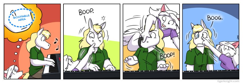 4_panel_comic anthro black_bottomwear black_clothing black_shorts boop bottomwear clothing duo female green_clothing green_shirt green_topwear keyboard_instrument male musical_instrument nose_boop piano playing_music playing_piano purple_clothing purple_shirt purple_topwear shirt shorts text topwear cartoonwolf 9_to_9 andrea_(9_to_9) phil_(9_to_9) arctic_fox canid canine equid equine fox horse mammal true_fox 2021 comic english_text