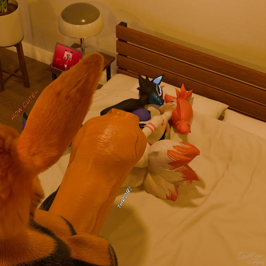 anthro bedroom big_penis breast_squish breasts cuddling female female/female genitals group huge_penis hyper hyper_genitalia hyper_penis male male/female penis sleeping squish trio ionwing epic_games fortnite naruto kimiko_five-tails kurama pack_leader_highwire canid canine canis fox mammal wolf 1:1 3d_(artwork) absurd_res digital_media_(artwork) hi_res