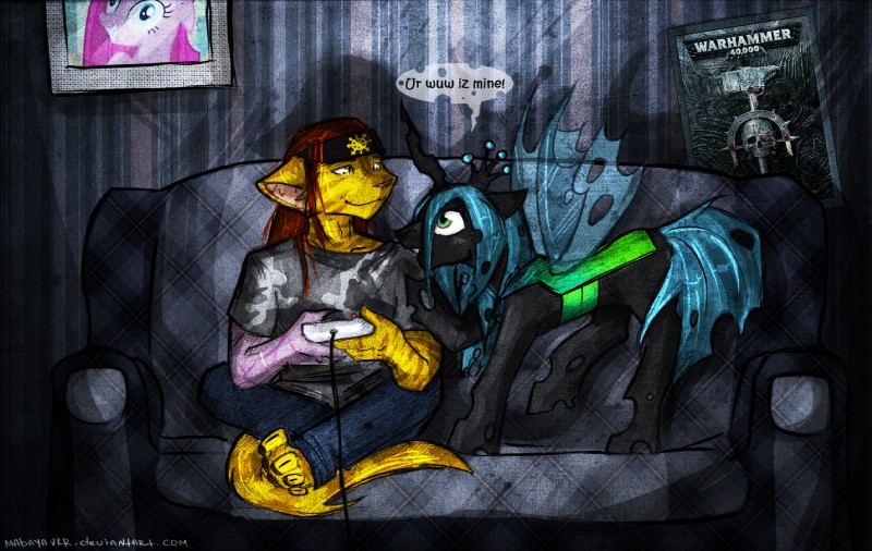 anthro barefoot chaos_star chaos_undivided clothed clothing controller detailed_background duo feet female feral front_view fur furniture game_controller green_eyes hair holding_controller holding_object hole_(anatomy) horn insect_wings inside long_hair male on_sofa quadruped sofa symbol tail text wings mabayankr friendship_is_magic hasbro my_little_pony warhammer_(franchise) warhammer_40000 pinkamena_(mlp) pinkie_pie_(mlp) queen_chrysalis_(mlp) renesan_wolgish arthropod changeling earth_pony equid equine felid horse mammal pony 2012 english_text hi_res url