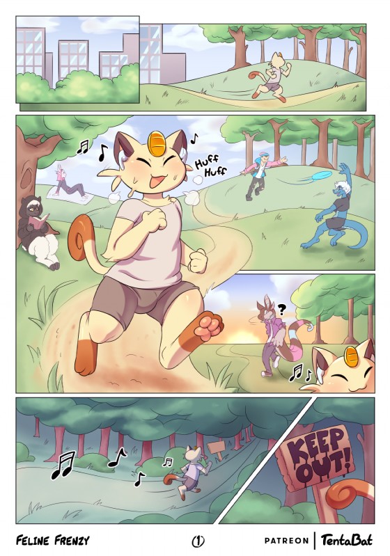 anthro anthrofied blush bodily_fluids city danger digitigrade eyes_closed jog male park pokemorph reading smile stroll sunset sweat tentabat airpods nintendo pokemon background_character felid generation_1_pokemon mammal meowth pokemon_(species) 2019 comic hi_res