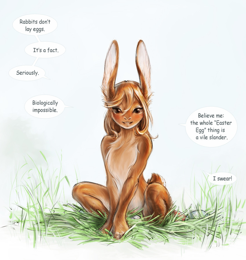all_fours anthro barely_visible_genitalia barely_visible_vulva biped blush brown_body brown_eyes brown_fur brown_hair countershade_fur countershading crouching easter_egg egg female female_anthro front_view fur genitals grass hair handpaw holidays looking_at_viewer nesting nude nude_anthro nude_female paws plant scut_tail semi-anthro short_tail simple_background sitting sitting_on_ground smile solo speech_bubble spread_legs spreading tail text vulva white_body white_countershading white_inner_ear 12-tf easter lagomorph leporid mammal rabbit 2019 colored english_text