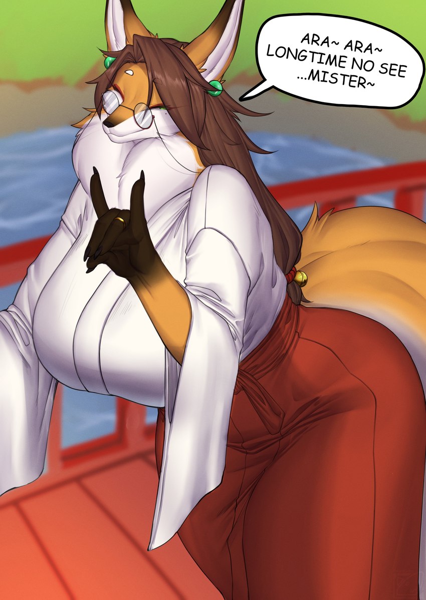 anthro ara_ara asian_clothing big_breasts biped black_body black_fur breasts brown_hair clothing east_asian_clothing eyewear female fur glasses hair huge_breasts japanese_clothing long_hair miko_outfit multicolored_body multicolored_fur neck_tuft orange_body orange_fur outside round_glasses shrine_maiden smile solo text tuft white_body white_fur wide_hips omega56 canid canine fox mammal 2023 absurd_res digital_media_(artwork) english_text hi_res