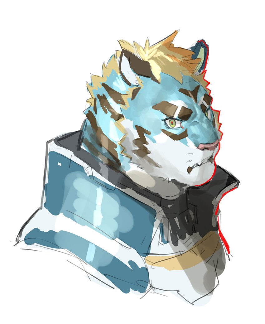 angry anthro armor blonde_hair blue_body blue_fur eyebrows fur green_eyes hair looking_at_viewer male simple_background solo striped_body striped_fur stripes thick_eyebrows white_background neumokun lifewonders live_a_hero rexer felid mammal pantherine tiger bust_portrait hi_res portrait