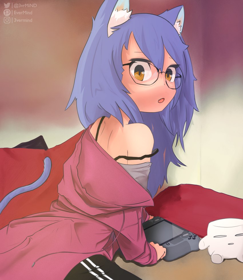 blush cat_tail clothing eyewear female gamer_girl gaming glasses hair hoodie instagram_logo long_hair looking_at_viewer looking_back orange_eyes pixiv_logo playing_video_game purple_hair purple_tail solo tail topwear twitter_logo evermind instagram pixiv twitter animal_humanoid cat_humanoid felid felid_humanoid feline feline_humanoid human humanoid mammal mammal_humanoid absurd_res hi_res