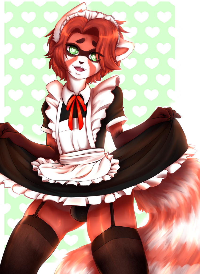 anthro bottomwear bulge clothed clothing collar crossdressing femboy fur green_eyes hair heart_eyes heart_symbol inner_ear_fluff legwear looking_at_viewer maid_uniform male open_mouth orange_body orange_fur panties pose presenting raised_tail simple_background smile solo striped_body striped_fur stripes tail teeth thigh_highs tongue topwear tuft underwear uniform white_background white_body white_fur tr.anonymous.h scott_williams ailurid mammal red_panda digital_media_(artwork) hi_res