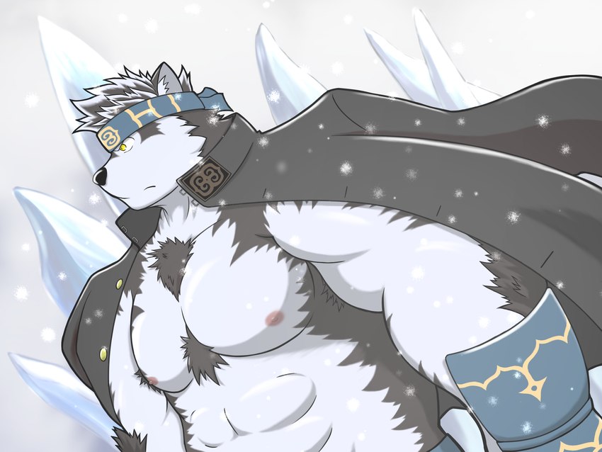 abs accessory anthro clothed clothing cloud hair_accessory hairband jacket male muscular muscular_anthro muscular_arms muscular_male nipples open_clothing open_jacket open_topwear pecs snow solo topwear yellow_eyes xion_cleararms lifewonders tokyo_afterschool_summoners horkeu_kamui_(tas) canid canine canis mammal wolf 4:3 hi_res