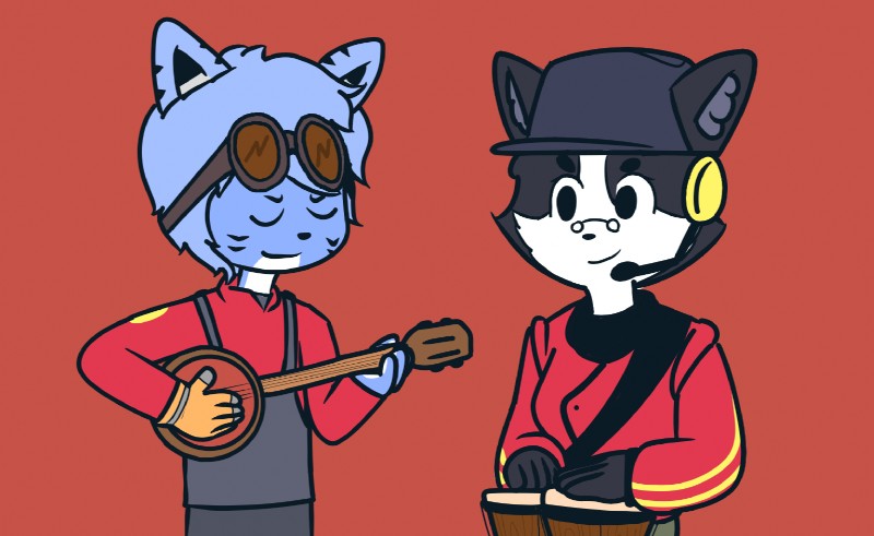 banjo_(instrument) bongo_drum clothing drum duo engineer_(profession) eyewear female hat headgear headwear male musical_instrument percussion_instrument plucked_string_instrument red_clothing simple_background string_instrument unknown_artist team_fortress_2 valve blazu foggy_(foggyshades) scout_(team_fortress_2) canid canine felid feline mammal