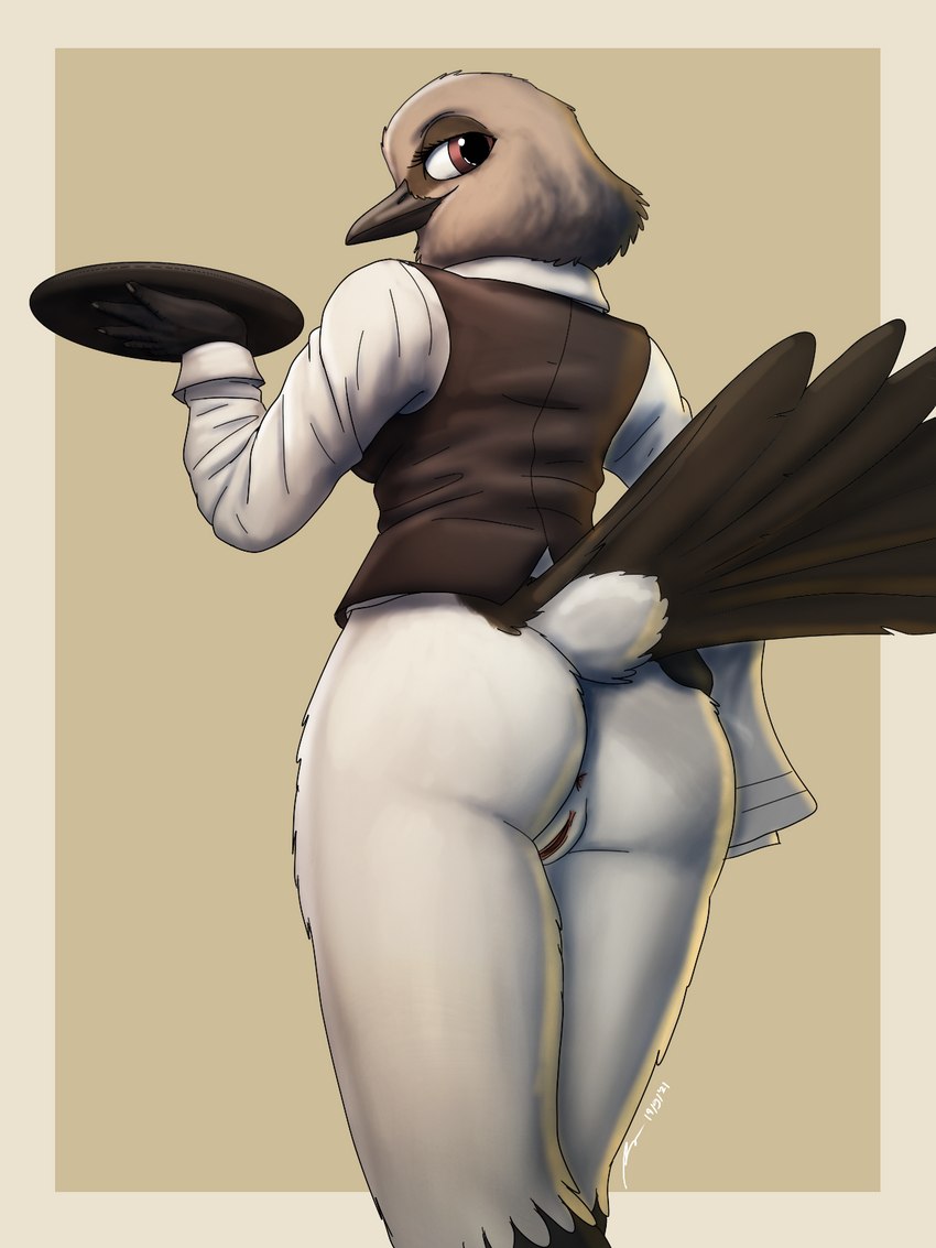 anthro anus bartender bottomless bottomless_female butt clothed clothing female genitals narrowed_eyes partially_clothed plate pussy raised_tail simple_background solo suit tail waiter waitress_uniform fish_birb millie_(fish_birb) avian bird oscine passerine starling_(bird) 3:4 hi_res