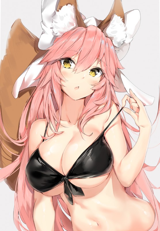 :o big_breasts bikini blush breasts cleavage clothed clothing female hair long_hair looking_at_viewer off_shoulder open_mouth pink_hair ribbons solo swimwear two-piece_swimsuit under_boob yellow_eyes chenwen_(artist) fate_(series) type-moon berserker_tamamo_cat caster_tamamo-no-mae animal_humanoid canid canid_humanoid canine canine_humanoid fox_humanoid humanoid mammal mammal_humanoid hi_res