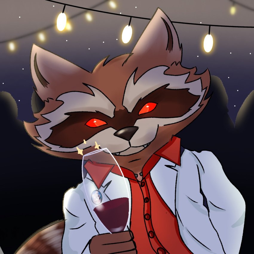 alcohol anthro beverage brown_body brown_fur clothing container cup cute_fangs drinking_glass fangs formal_clothing fur glass glass_container glass_cup male night red_eyes sky smile solo star starry_sky suit teeth wine wine_glass kingclawth0rne guardians_of_the_galaxy marvel rocket_raccoon mammal procyonid raccoon hi_res