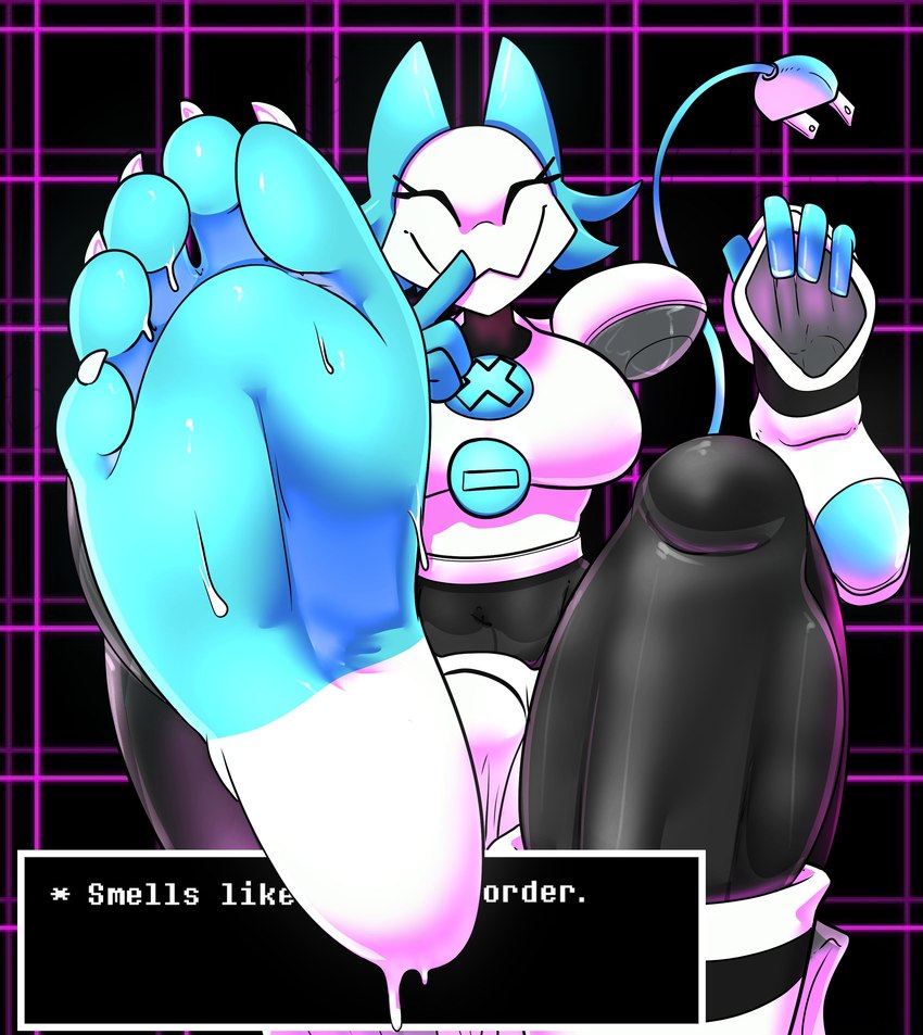 5_toes anthro barefoot bodily_fluids breasts clothing feet female fingers foot_fetish foot_focus footwear holding_object humanoid_feet machine plantigrade shoes soles solo sweat text toes saaxon deltarune undertale_(series) tasque_manager darkner felid feline mammal robot 2021 absurd_res digital_media_(artwork) english_text hi_res