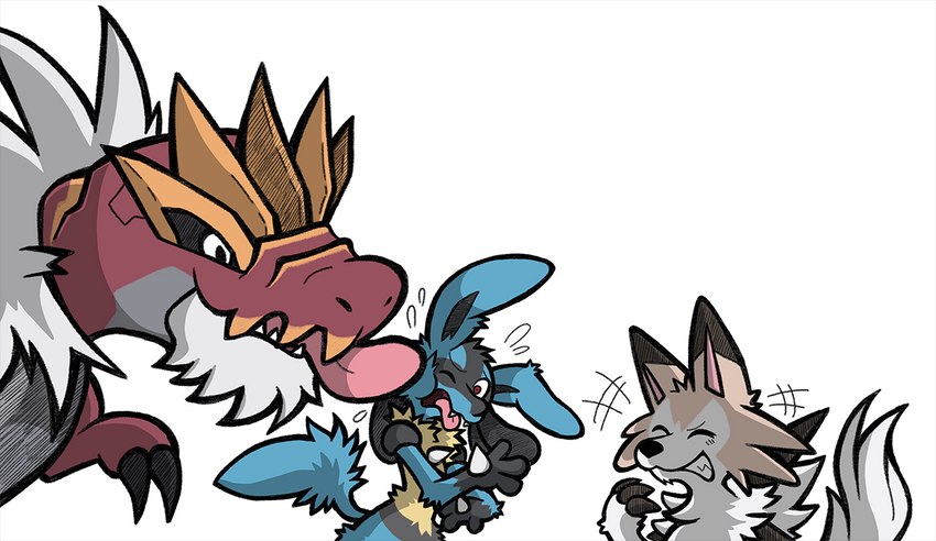 ambiguous_gender anthro bent_over bodily_fluids cheek_lick face_lick feral group laugh leaning leaning_forward licking saliva scales standing teeth tongue tongue_out portugueselynx nintendo pokemon arsino keldyn tavis canid canine dinosaur fossil_pokemon generation_4_pokemon generation_6_pokemon generation_7_pokemon lucario lycanroc mammal midday_lycanroc pokemon_(species) prehistoric_species reptile scalie theropod tyrantrum