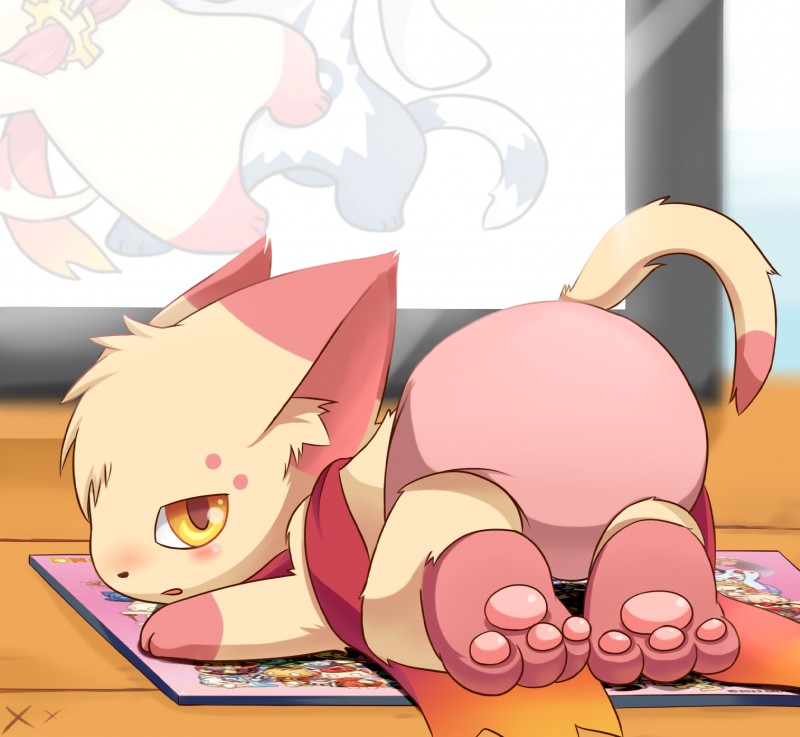 blush butt fur pawpads pink_body pink_fur scarf solo tan_body tan_fur yellow_eyes whywhyouo dnaxcat domestic_cat felid feline felis mammal 2014 hi_res