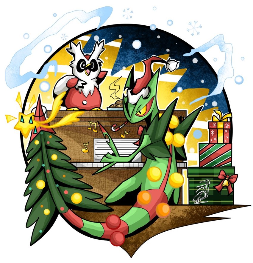 beak christmas_clothing christmas_headwear christmas_tree clothing duo gift green_body hat headgear headwear holidays keyboard_instrument male musical_instrument piano plant santa_hat star tree jhony_ryu christmas nintendo pokemon delibird generation_2_pokemon generation_6_pokemon mega_evolution mega_sceptile pokemon_(species)