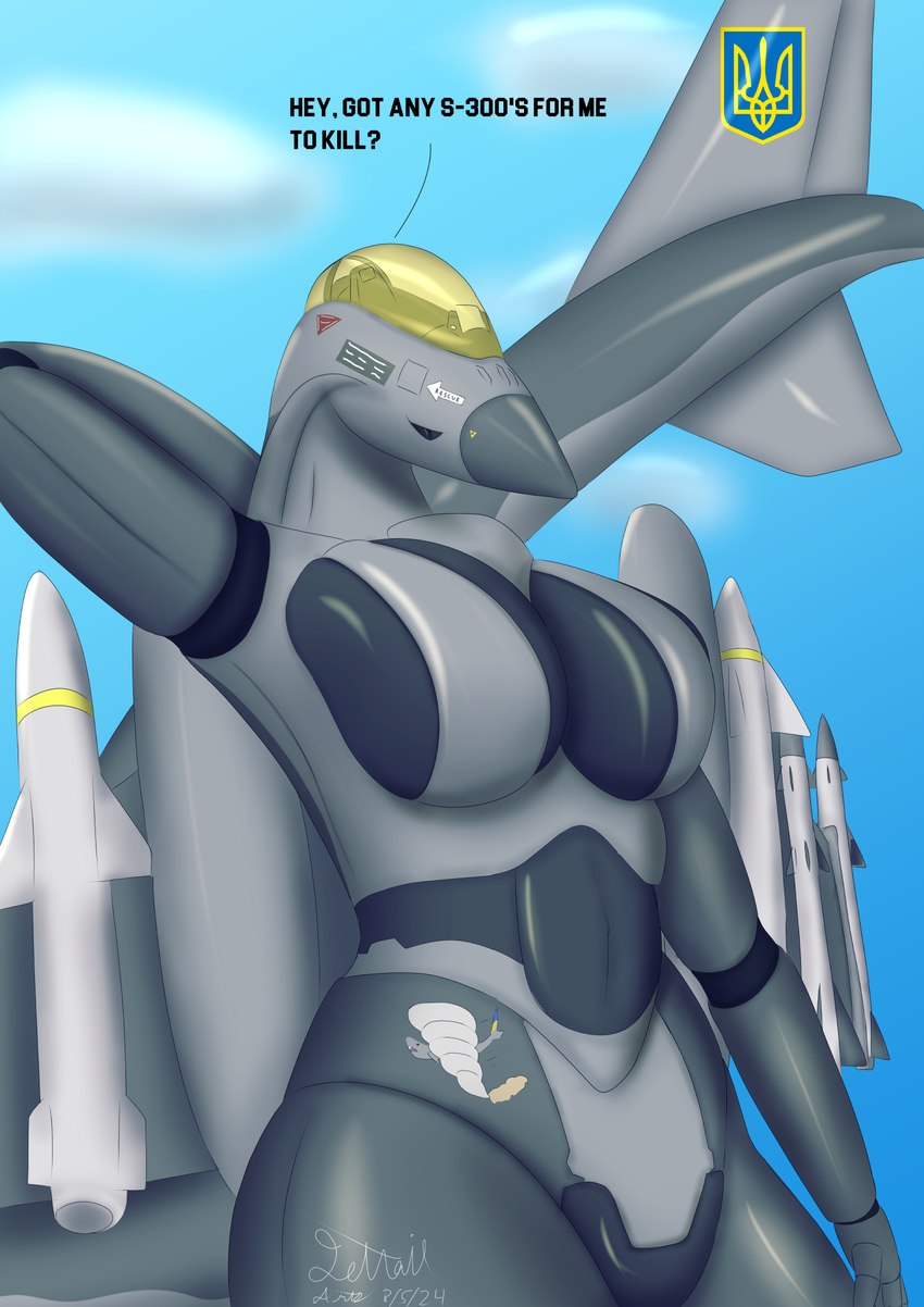 aircraft anthro back_wings belly_tattoo breasts coat_of_arms coat_of_arms_of_ukraine cockpit female grey_body machine missile not_furry solo tail tattoo ukraine vehicle wings jettail f-16 aircraft_humanoid living_aircraft living_machine living_vehicle hi_res