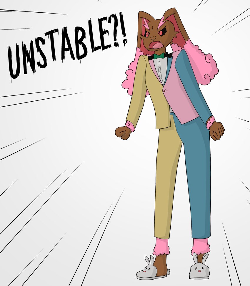 anthro black_sclera bow_tie brown_body brown_fur bunny_slippers clothed clothing female fist fur open_mouth pink_body pink_fur radial_speed_lines red_eyes screaming solo standing suit_jacket text ponponthebonbon nintendo pokemon lucky_(thelittlesylveon) generation_4_pokemon lagomorph leporid lopunny mammal pokemon_(species) rabbit 2025 7:8 english_text hi_res