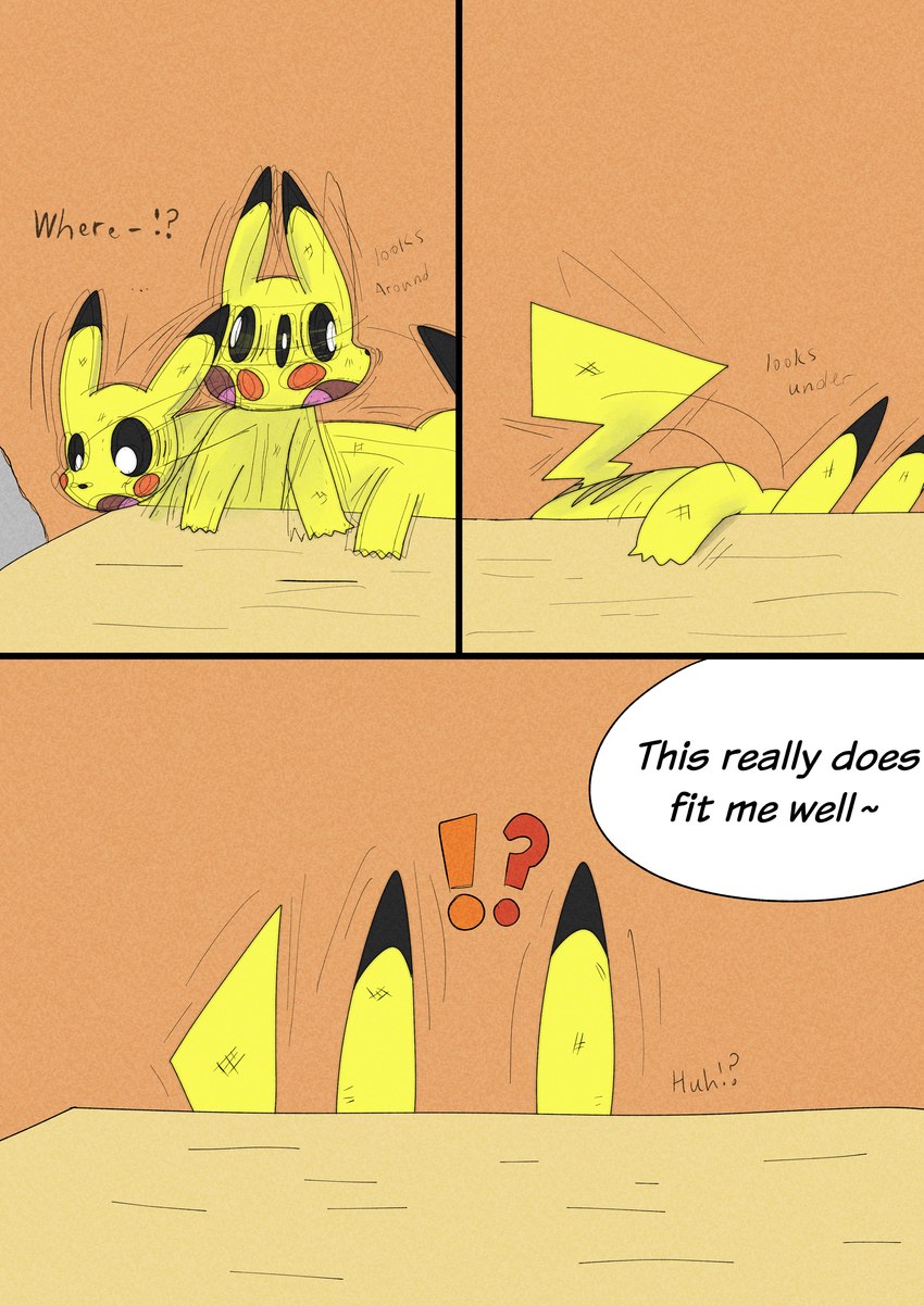 3_panel_comic black_eyes black_text cheek_spots dialogue exclamation_point furniture looking_around motion_lines open_mouth pupils question_mark red_cheeks solo sound_effects speech_bubble table tail text tongue white_pupils wood wood_furniture wood_table yellow_body yellow_tail sawlamander nintendo pokemon pokemon_mystery_dungeon spike_chunsoft generation_1_pokemon pikachu pokemon_(species) 2025 absurd_res comic digital_media_(artwork) english_text hi_res male_(lore)