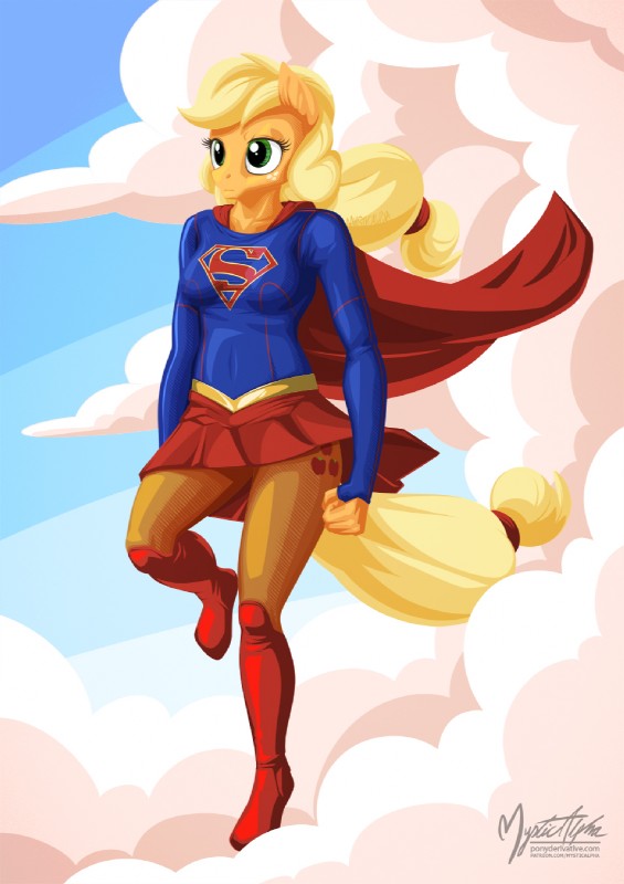 anthro female flying hair outside ponytail solo mysticalpha friendship_is_magic hasbro my_little_pony applejack_(mlp) supergirl equid equine horse mammal pony hi_res