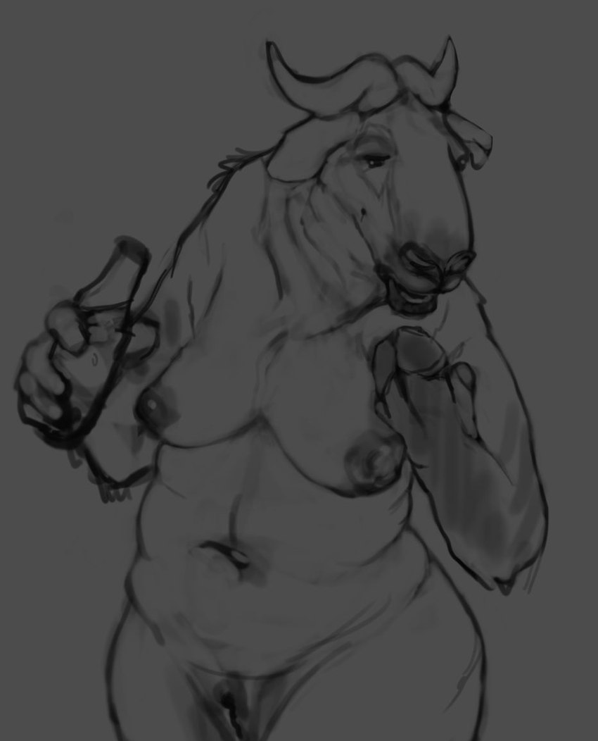 anthro asymmetrical_transformation beverage bottle breasts container female fingers genitals hooved_fingers hooves mature_anthro mature_female pussy solo transformation splice_(artist) alcelaphine antelope bovid caprine gnu mammal takin