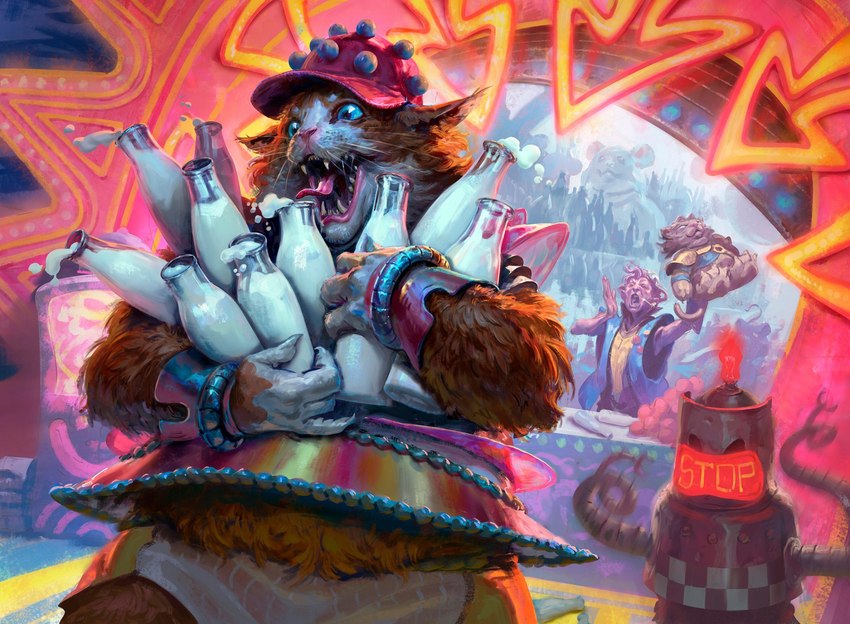 ambiguous_gender anthro baseball_cap blue_eyes bottle carnival_game clothing container excited futuristic group hat headgear headwear holding_object holding_toy machine midriff milk milk_bottle milk_container plushie prize tongue toy filipe_pagliuso hasbro magic:_the_gathering wizards_of_the_coast ajani_goldmane domestic_cat felid feline felis human mammal robot hi_res official_art