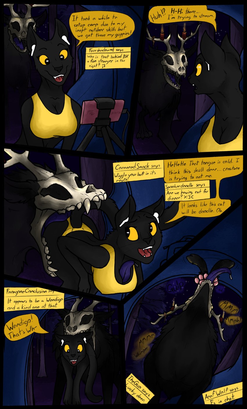 anthro bone camping female female_prey holidays livestream oral_vore skull skull_head stream_chat vore magnificent-arsehole american_mythology halloween indigenous_north_american_mythology mythology north_american_mythology domestic_cat felid feline felis mammal wendigo absurd_res hi_res