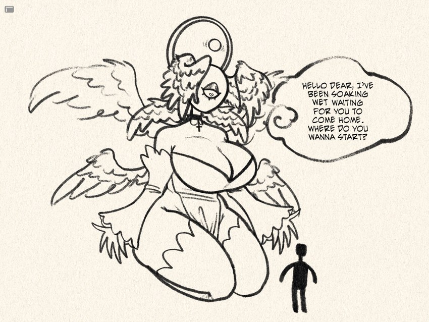 1_eye 5_fingers anthro ball big_breasts breasts choker cleavage clothed clothing cross cross_necklace dark_eyelids dialogue dress duo exposed_shoulder extreme_size_difference eyelashes feathered_wings feathers female fingers floating_balls fur greeting half-closed_eyes halo heart_eyes heart_symbol huge_breasts jewelry kneeling larger_anthro larger_female legs_together looking_at_another looking_down male male/female multi_wing narrowed_eyes neckband necklace neckwear partially_clothed simple_background size_difference smaller_human smaller_male spread_arms text thick_thighs wings ghoulishgourd horniel_(thouartphi) angel biblically_accurate_angel cyclops human mammal seraph_(angel) 4:3 english_text hi_res sketch