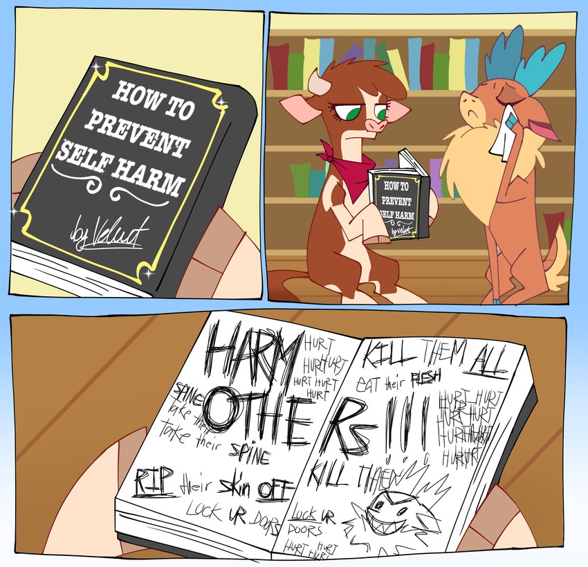 3_panel_comic book bookshelf brown_body brown_fur cloven_hooves duo eyes_closed female feral fur furniture green_eyes hooves reading text kysvil_xoxo them's_fightin'_herds arizona_cow_(tfh) velvet_reindeer_(tfh) bovid bovine cattle deer hereford_cattle mammal new_world_deer reindeer 2023 comic digital_media_(artwork) english_text hi_res