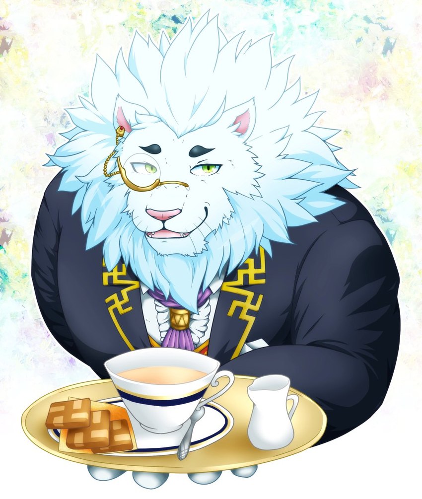 anthro black_eyebrows butler circle_eyebrows clothed clothing container cup eyebrows eyewear fur green_eyes male mane monocle pink_nose tea_cup white_body white_fur white_mane 5keys_x86 lifewonders tokyo_afterschool_summoners snow_(tas) felid lion mammal pantherine 2019 colored