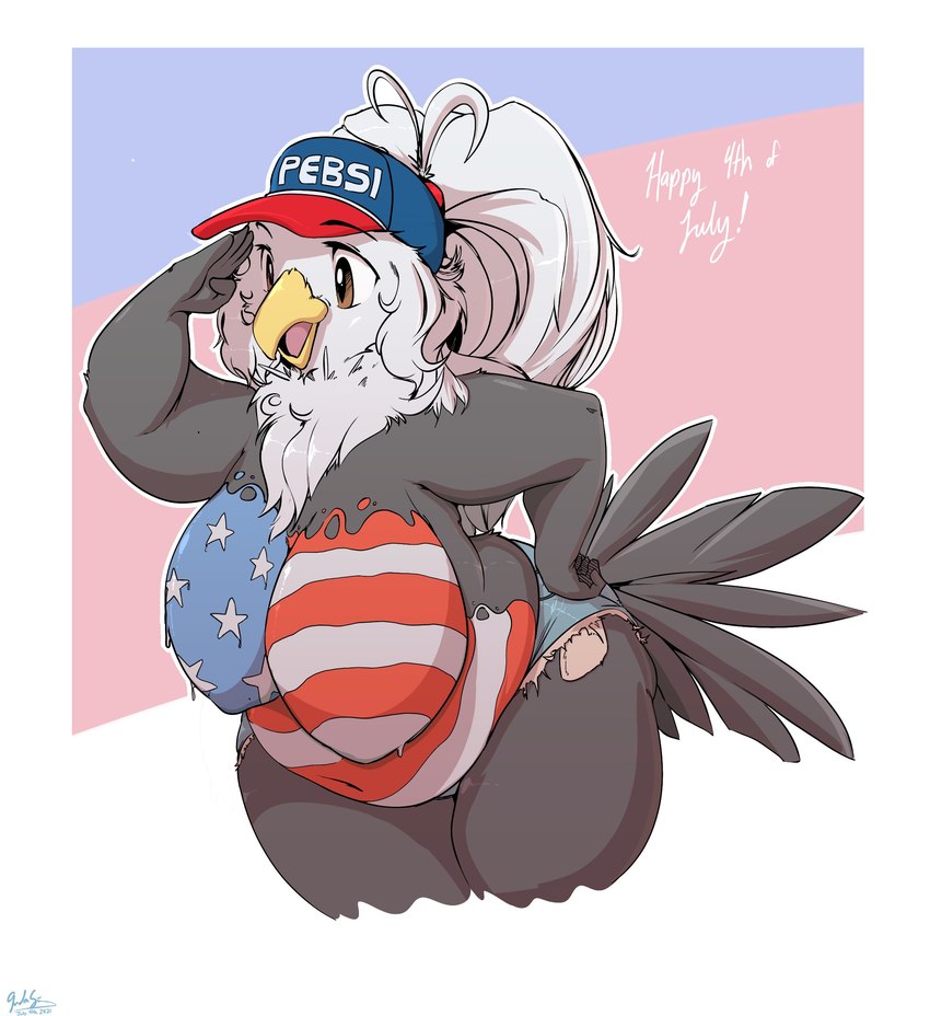 5_fingers american_flag anthro beak belly big_belly big_breasts bodypaint bottomwear breasts brown_eyebrows brown_eyes clothing cutoffs denim denim_bottomwear denim_clothing eyebrows eyelashes feathers female fingers front_view grey_body grey_feathers grey_tail hand_on_hip hat headgear headwear holidays huge_breasts huge_hips huge_thighs love_handles navel nipples non-mammal_breasts open_beak open_mouth open_smile overweight overweight_anthro overweight_female painted_breasts pink_tongue shorts smile solo tail tail_feathers text text_on_clothing text_on_hat text_on_headwear thick_thighs tongue united_states_of_america wide_hips yellow_beak garuda_six 4th_of_july miss_america_(garuda_six) accipitrid accipitriform avian bald_eagle bird eagle sea_eagle 2021 absurd_res dated digital_media_(artwork) english_text hi_res shaded signature