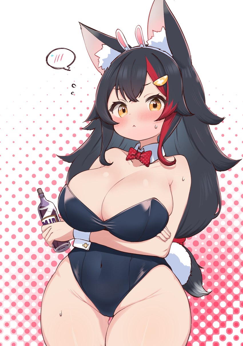 accessory alcohol beverage big_breasts black_hair blush blush_lines bodily_fluids breasts bunny_costume camel_toe cleavage clothed clothing costume fake_ears fake_rabbit_ears female hair hair_accessory headband highlights_(coloring) long_hair looking_at_viewer red_highlights solo speech_bubble sweat sweatdrop tail thick_thighs wide_hips wine yellow_eyes zazami_d hololive vtuber ookami_mio animal_humanoid canid canid_humanoid canine canine_humanoid humanoid mammal mammal_humanoid wolf_humanoid absurd_res hi_res