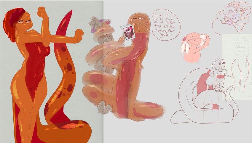 anthro bone breasts clothed clothing coiling deep_throat dialogue dummy duo featureless_breasts featureless_crotch female glistening glistening_body hair long_tail navel nude oral oral_penetration orange_body penetration prehensile_hair prehensile_tail pseudo_hair simple_background skeleton solo tail text thick_tail tacokurt amby_(caudlewag) dentia amphibian gecko lizard mammal murid murine rat reptile rodent salamander scalie 2017 digital_media_(artwork) english_text hi_res multiple_images