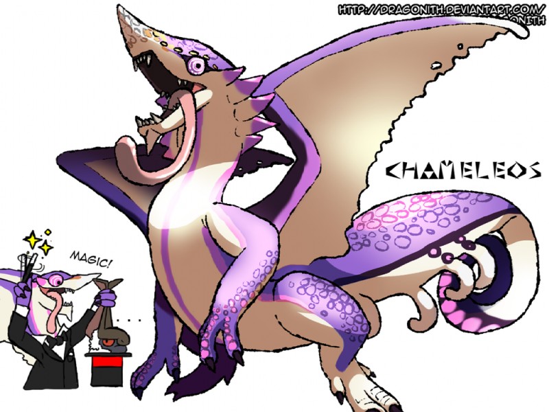 ambiguous_gender bow_(feature) bow_tie claws duo feral head_crest humor magic membrane_(anatomy) membranous_wings purple_body purple_scales scales smile tail teeth text tongue wings dragonith capcom monster_hunter mythology chameleos dragon elder_dragon lagombi mythological_creature mythological_scalie primatius scalie 2015 4:3