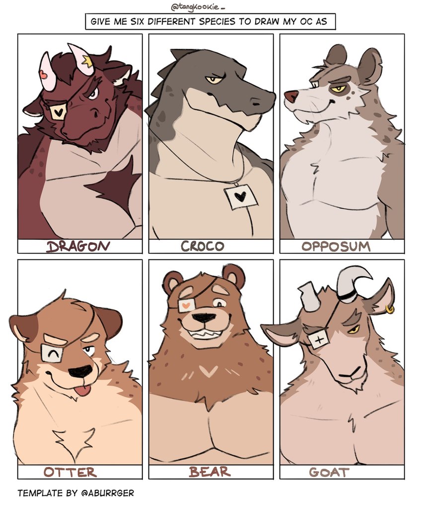 2_horns alternate_species anthro back_spikes beard black_nose blep border broken_horn brown_body brown_fur brown_nose brown_scales chest_tuft clenched_teeth closed_smile ear_piercing ear_ring eye_markings eye_patch eyebrows eyewear facial_hair featureless_chest freckled_neck freckles fur grin hair heart_symbol horn jewelry looking_at_viewer male markings mouth_closed multicolored_body multicolored_fur multicolored_scales muscular muscular_anthro muscular_male narrowed_eyes notched_ear open_mouth open_smile pecs pendant piercing pink_tongue red_body red_hair red_scales ring_piercing scales simple_background smile snout solo spikes spikes_(anatomy) tan_body tan_fur tan_scales teeth text tongue tongue_out tuft white_background white_border yellow_sclera tangkookie mythology kookie_(tangkookie) american_opossum bear bovid caprine crocodile crocodilian dragon goat mammal marsupial mustelid mythological_creature mythological_scalie otter reptile scalie 2024 digital_media_(artwork) english_text flat_colors hi_res ibispaint_(artwork) signature