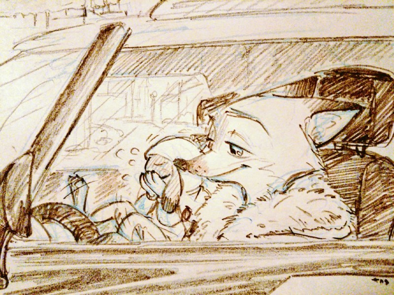 anthro bodily_fluids car claws clothed clothing crying dipstick_ears duo ear_markings eyes_closed female fur inner_ear_fluff inside_car inside_vehicle male multicolored_ears sitting smile tears toe_claws tuft vehicle saritaaaaaaa82 disney zootopia judy_hopps nick_wilde canid canine fox lagomorph leporid mammal rabbit red_fox true_fox 4:3