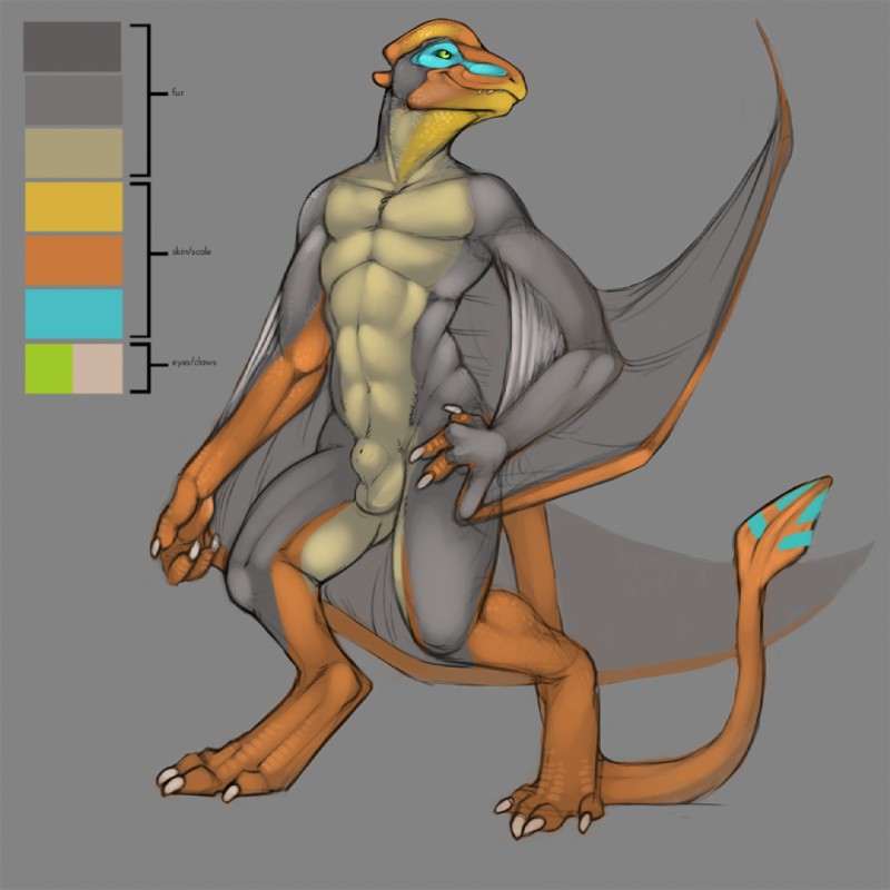 abs animal_genitalia anthro athletic athletic_anthro athletic_male balls biped crouching digitigrade feathered_wings feathers front_view fully_sheathed fur genitals green_eyes grey_body grey_feathers hand_on_leg hand_on_thigh looking_away male navel non-mammal_balls orange_body orange_scales scales sheath smile solo standing tail teeth winged_arms wings yellow_body yellow_scales conditional_dnp tojo_the_thief tojo_the_thief_(character) prehistoric_species pterosaur reptile scalie 1:1 2012