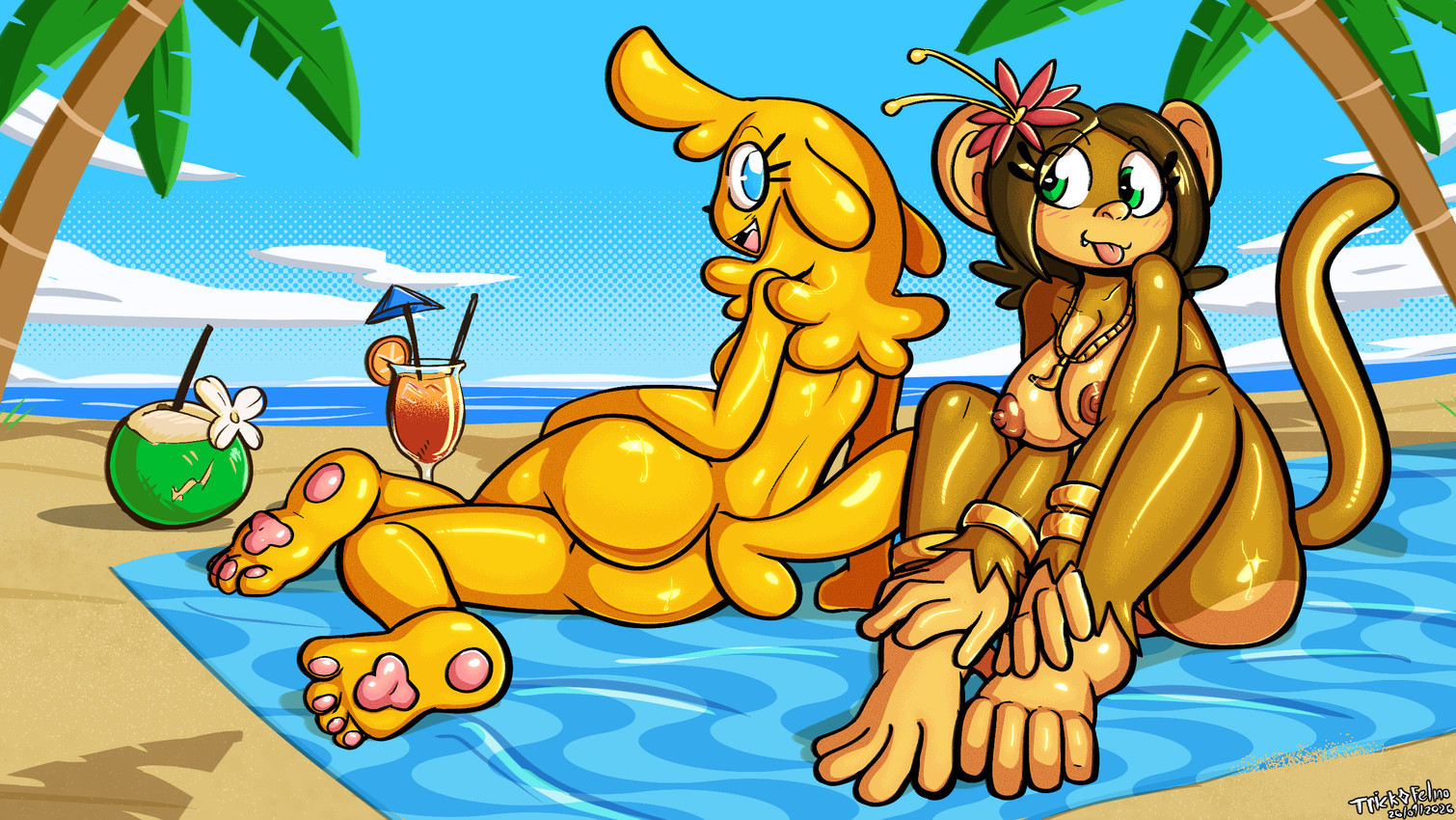 4_toes 5_toes alcohol anthro barely_visible_genitalia barely_visible_vulva beach_towel beverage black_nose blep blonde_hair blue_eyes breasts brown_body brown_fur brown_hair cocktail cute_fangs duo fangs feet female fur genitals glistening glistening_body glistening_fur hair hand_on_foot looking_at_another looking_at_viewer looking_back lying martini nipples nude on_side outside pawpads pink_pawpads pose red_nipples sand sea small_breasts smile tan_body tan_fur teeth toes tongue tongue_out tooth_gap towel vulva water yellow_body yellow_fur felino dumpling_(tricktrashing) lana_banana_(felino) canid canine canis domestic_dog haplorhine mammal monkey primate 2026 hi_res