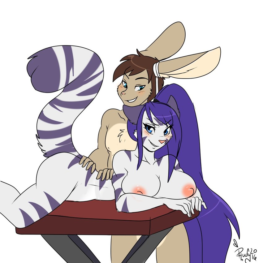 anthro bandage big_breasts blush breast_rest breasts butt duo female hair long_hair male male/female massage massaging nipples nude smile smirk striped_body stripes phuufy uberquest soya_akane felid lagomorph leporid mammal rabbit 1:1 hi_res