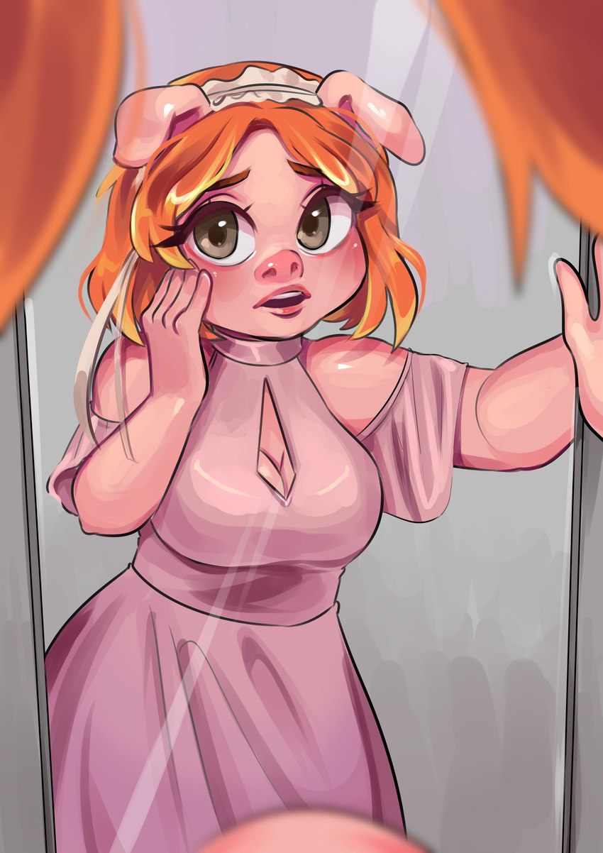 alternate_species anthro blush breasts cleavage clothed clothing dress female female_pov first_person_view green_eyes holding_cheek implied_transformation looking_at_reflection mirror solo corelle-vairel princess_lil domestic_pig mammal suid suine sus_(pig) 2019 absurd_res hi_res