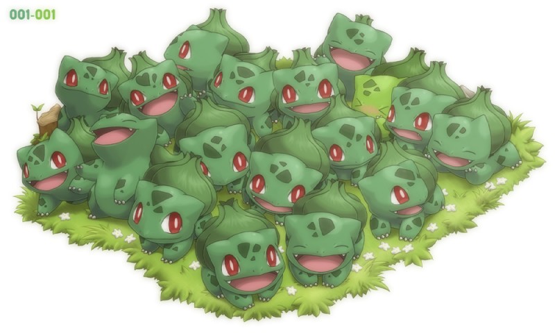 ambiguous_gender daww eyes_closed feral flower generic_flower grass group large_group leaf open_mouth plant quadruped red_eyes simple_background teeth white_background ditb nintendo pokemon bulbasaur elemental_creature flora_fauna generation_1_pokemon pokemon_(species) scalie shiny_pokemon 5:3