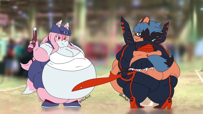 anthro blue_eyes blue_hair bodily_fluids breasts brown_body brown_fur butt cleavage clothed clothing cosplay duo female fluffy fluffy_tail footwear fur gun hair high_heels long_hair morbidly_obese morbidly_obese_anthro morbidly_obese_female multicolored_hair obese obese_anthro obese_female overweight overweight_anthro overweight_female pink_body pink_fur pose ranged_weapon rear_view scissor_blade_(kill_la_kill) shoes tail thick_thighs two_tone_hair weapon white_body white_fur paceplusle brand_new_animal kill_la_kill studio_trigger tribal_hunter captain_killsha michiru_kagemori nazuna_hiwatashi ryuko_matoi senketsu canid canine fox kamui_(kill_la_kill) mammal raccoon_dog tanuki 2022 digital_media_(artwork) hi_res