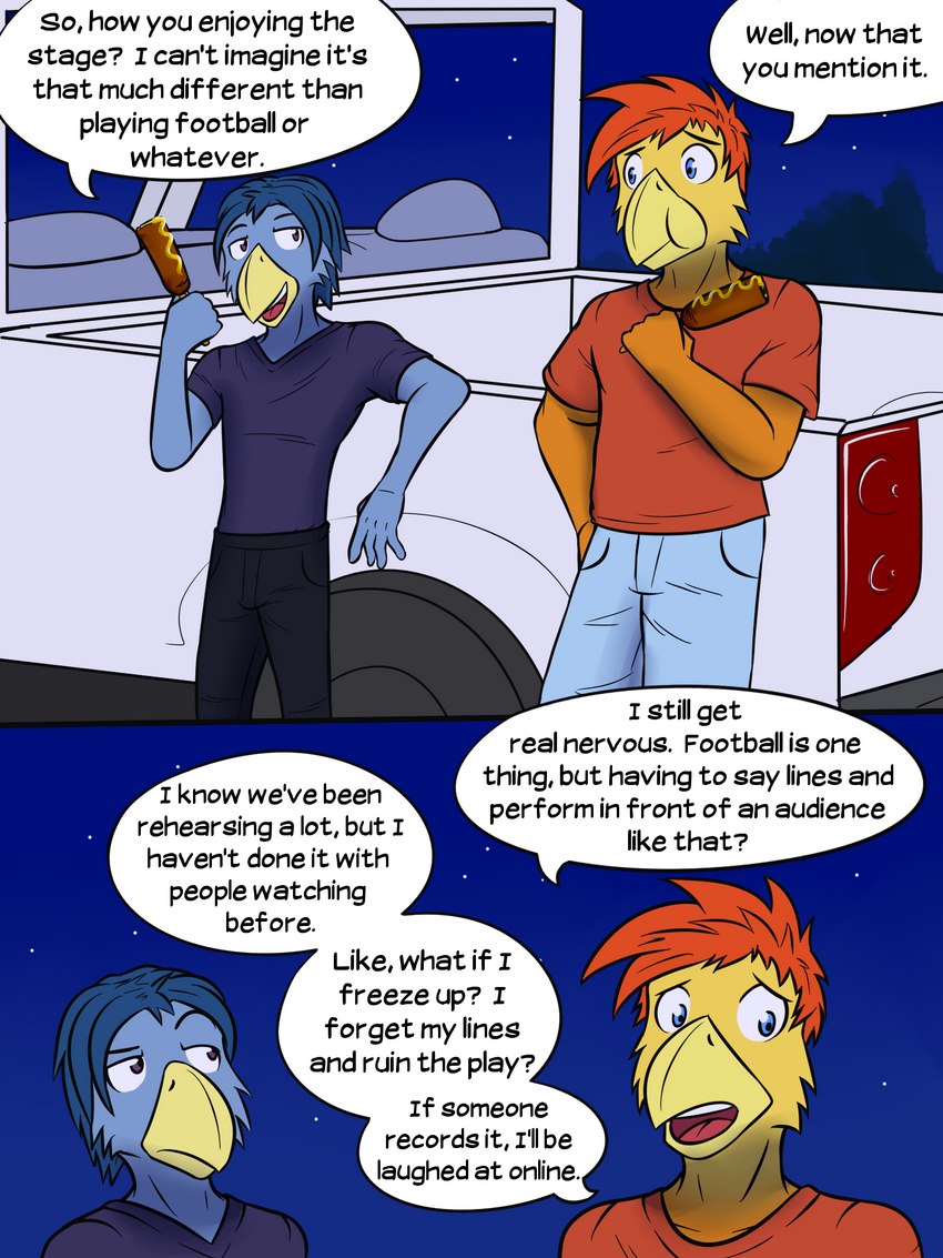 anthro corndog dialogue eating food leaning male night text truck vehicle fuze texnatsu johnny_(texnatsu) josh_oliver avian bird bluebird chicken galliform gallus_(genus) oscine passerine phasianid thrush_(bird) 3:4 comic english_text hi_res