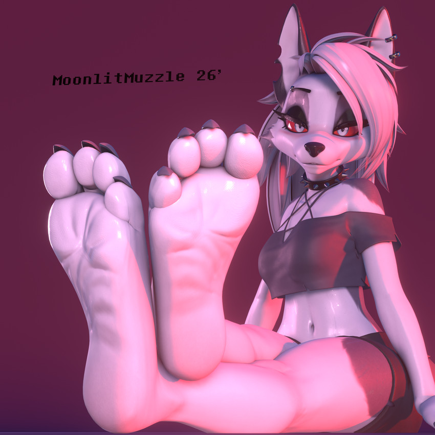 anthro bottomwear breasts clothed clothed_anthro clothed_female clothing collar feet female foot_fetish foot_focus glistening glistening_body halter_top looking_at_viewer navel shorts simple_background sitting soles solo spiked_collar spikes wrinkled_feet wrinkles moonlitmuzzle kaylafox_(modeler) hellaverse helluva_boss loona_(helluva_boss) 1:1 3d_(artwork) digital_media_(artwork) hi_res