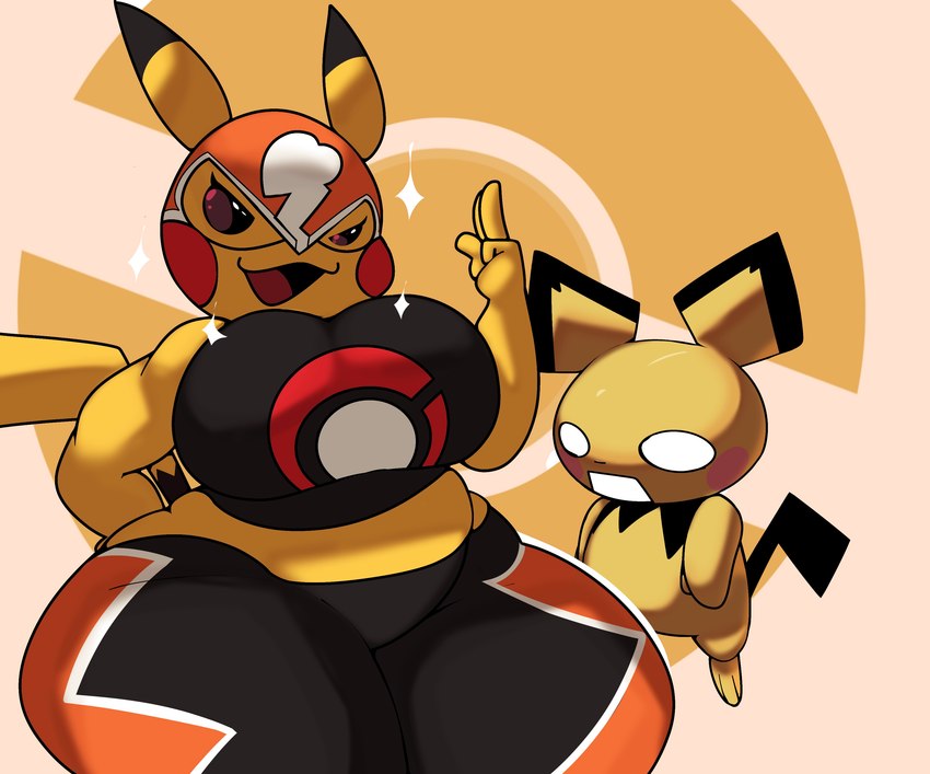 ambiguous_gender anthro big_breasts breasts clothing cosplay_pikachu_(costume) duo female hand_on_butt looking_at_viewer markings open_mouth shocked sparkles sparkling_eyes tail tail_markings thick_thighs wide_eyed wide_hips woopyy game_freak nintendo pokemon cosplay_pikachu_(character) pikachu_libre generation_1_pokemon generation_2_pokemon pichu pikachu pokemon_(species) absurd_res hi_res