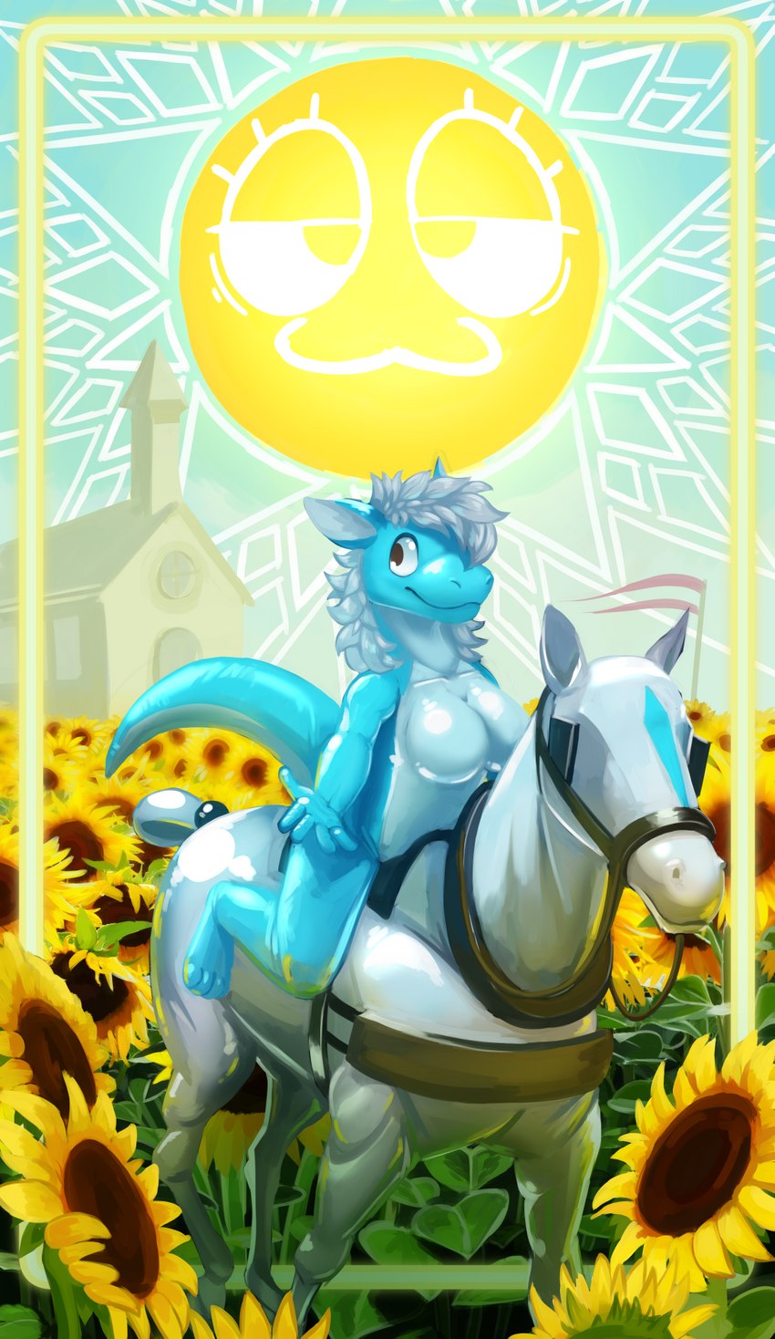 anthro biped breasts bridle card card_template detailed_background featureless_breasts female feral flower fortune_telling glistening harness inflatable major_arcana mount nude outside plant reins rider riding saddle smile sun sunflower tail tarot tarot_card the_sun_(tarot) sexotheque mythology kirby_(don_the_dragon) animate_inanimate dragon elemental_creature elemental_dragon equid equine horse ice_dragon living_inflatable mammal mythological_creature mythological_scalie scalie 2022 digital_drawing_(artwork) digital_media_(artwork) hi_res