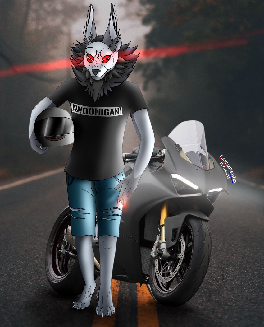 anthro armor cigarette clothed clothing ducati_panigale_v4 forest hair headgear helmet light male motorcycle paws plant red_eyes smoke smoking solo street tree vehicle lucareelo ducati_(motorcycle) fan_character geryon canid canine felid feline mammal absurd_res hi_res shaded soft_shading