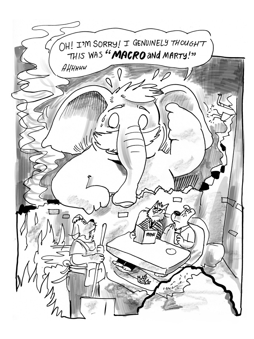 accident anthro group macro micro speech_bubble text trunk billy_fore appledectomy marco_marcowitz marty_martin canid canine canis domestic_cat domestic_dog elephant elephantid felid feline felis mammal proboscidean 3:4 absurd_res english_text hi_res monochrome