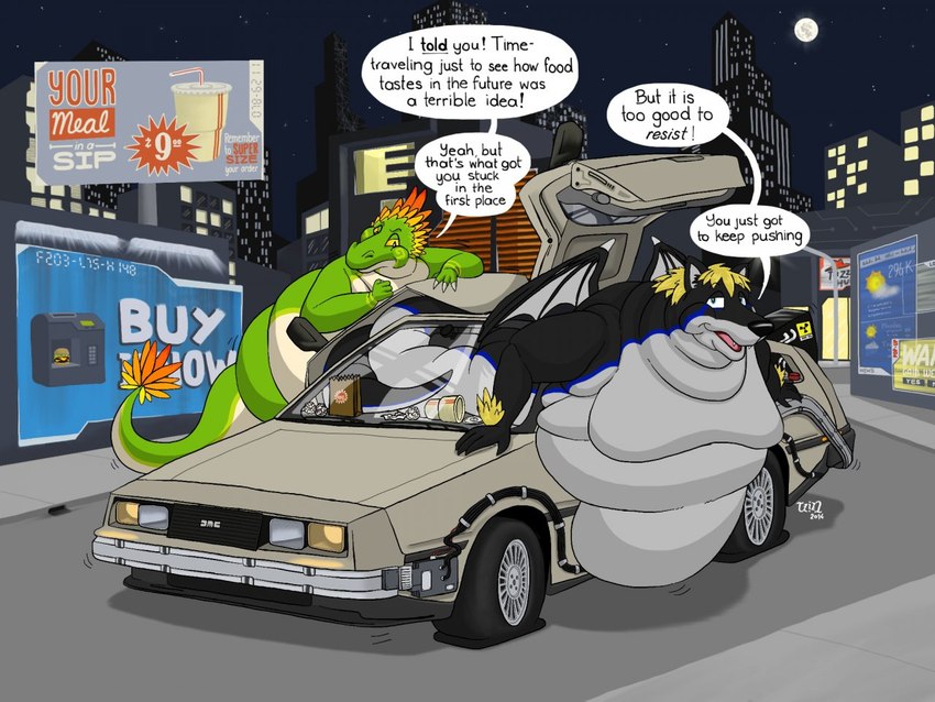 4_fingers advertisement anthro billboard black_body black_fur blonde_hair blue_eyes car dmc duo feathers fingers flat_tire fur future green_body green_scales grey_body grey_fur hair inside_car inside_vehicle male membrane_(anatomy) membranous_wings morbidly_obese obese orange_body orange_feathers overweight overweight_anthro overweight_male scales speech_bubble stuck stuck_in_door tail text time_machine vehicle white_body white_scales wings yellow_sclera dragontzin back_to_the_future delorean mythology universal_studios canid canine dragon lizard mammal mythological_creature mythological_scalie reptile scalie 2014 4:3 english_text signature