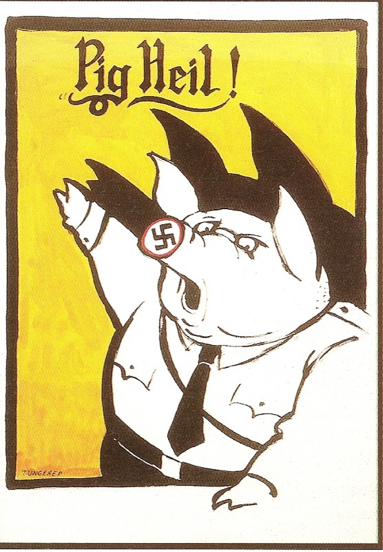 anthro clothed clothing humor male nazi nazi_salute nazi_uniform necktie open_mouth pun slightly_chubby solo swastika text uniform tomi_ungerer domestic_pig mammal suid suina sus_(pig) 1994 english_text german_text hi_res signature