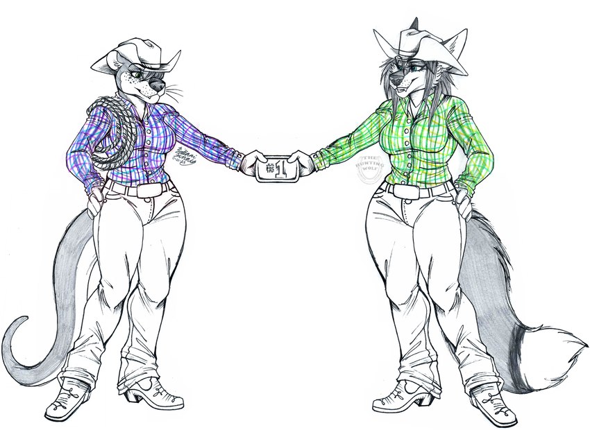 anthro biped breasts buckle butt clothing cowboy cowboy_hat duo female female/female hat headgear headwear western thehuntingwolf coffee_otter emberfox canid canine fennec_fox fox mammal mustelid otter true_fox 2023 hi_res sketch